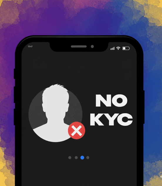 A phone screen highlighting the 'NO KYC' feature of the virtual card
